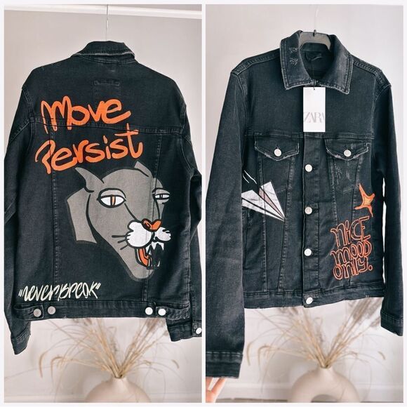 Zara Graffiti Print Denim Jacket New - Picture 1 of 10